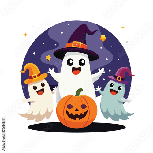 Friendly Halloween Ghosts and jack-o'-lanterns on a white background