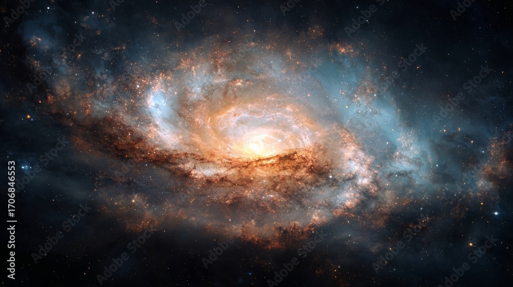 Fototapeta premium A spiral galaxy with a bright core and swirling arms of stars, dust,