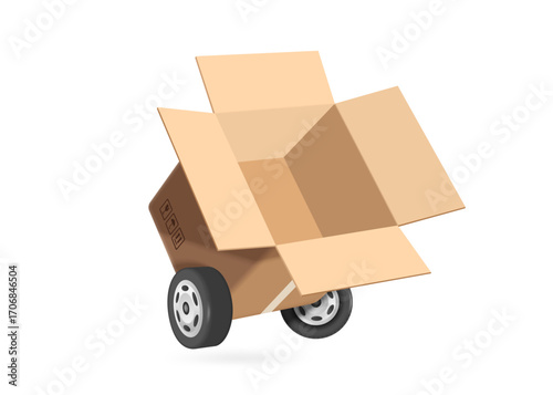 Parcel or cardboard box is opened revealing an empty box inside and a box with wheels resembling a truck for delivery, e commerce advertising design, vector 3D isolated on white background for design