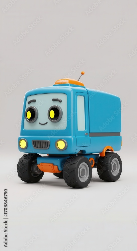 Naklejka premium A light-blue cartoon truck with large, round, yellow eyes and a friendly expression sits on a plain background.