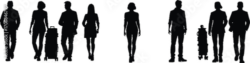 black silhouette human figures of different poses, full body, minimalist black and white illustration
