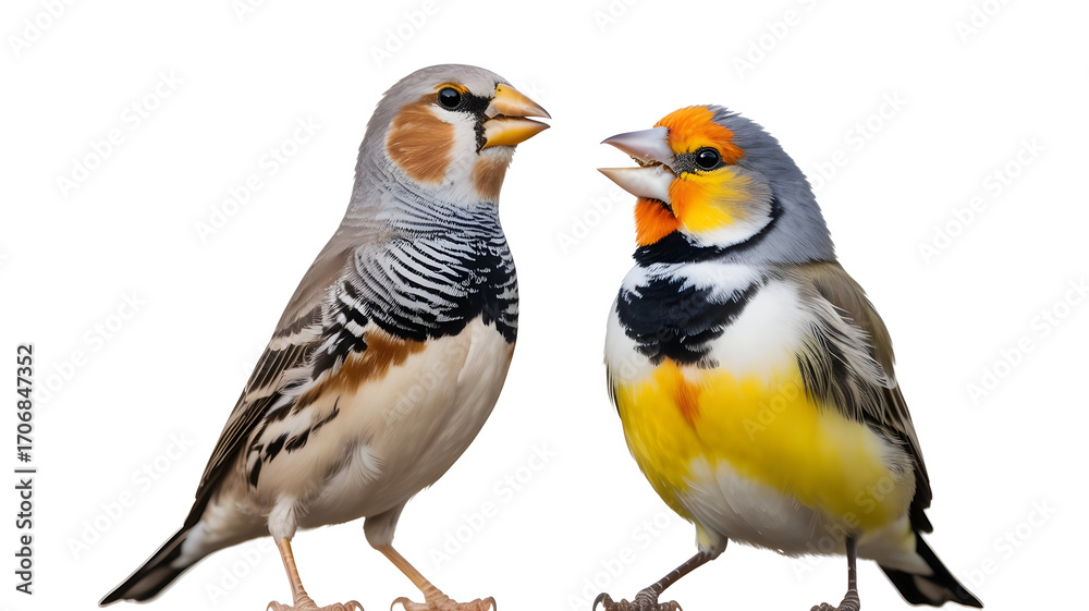Fototapeta premium Two colorful finches, one with grey and brown markings, the other with yellow and orange, isolated on white background