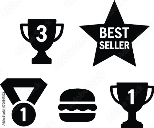 Set of medals and awards icons in black vector design