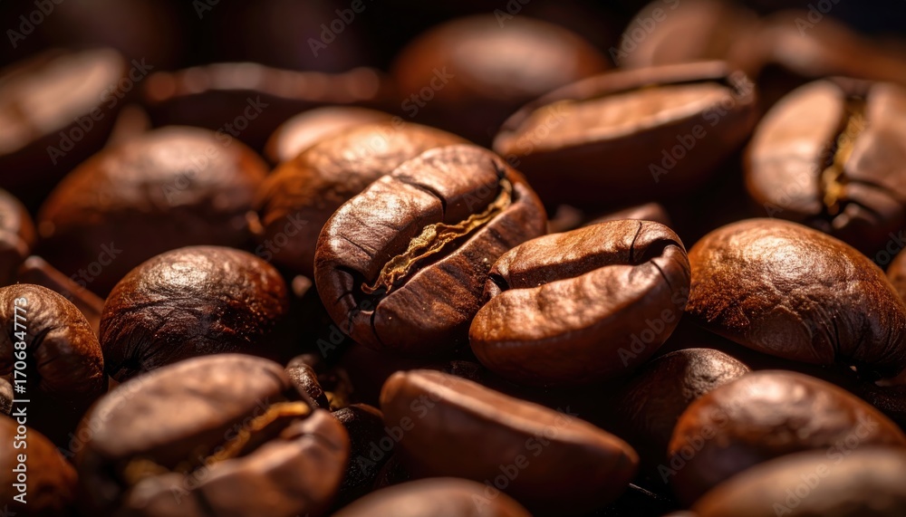 Naklejka premium Dark Roast Coffee Beans Close-Up on a Rustic Wooden Surface