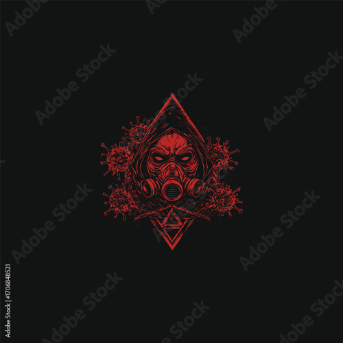 illustration of a gas mask surrounded by viral structures and flowing organic elements on a dark background. This detailed, vintage engraving style graphic evokes themes of pandemic, contamination