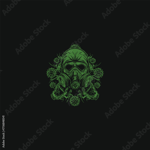 illustration of a gas mask surrounded by viral structures and flowing organic elements on a dark background. This detailed, vintage engraving style graphic evokes themes of pandemic, contamination