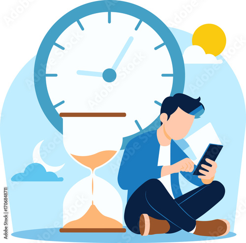 Vector illustration of a man wasting time on his smartphone.