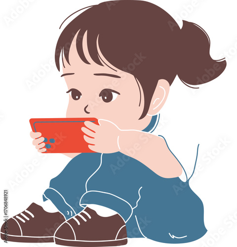 Illustration of a Little Girl Using a Smartphone.