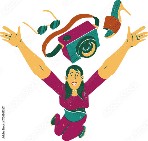 Joyful Woman Celebrating with Fashion Accessories.