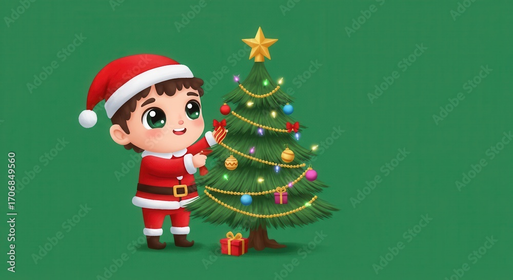 Fototapeta premium A cheerful young child in a Santa suit decorates a vibrant Christmas tree against a striking green backdrop.