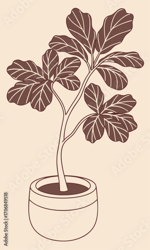 Minimalist Brown Fiddle Leaf Fig Plant in Neutral Pot with Elegant Graphic Leaves, Modern Botanical Houseplant Accent for Home Decor, Stylish Interior Art, and Sophisticated Living Spaces