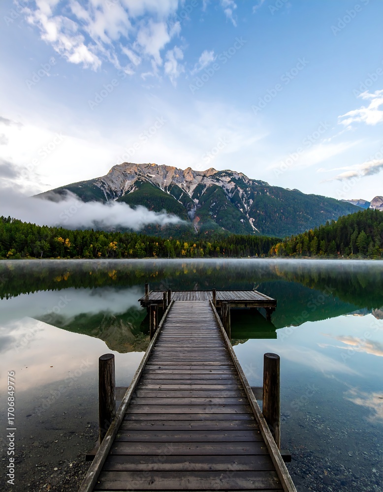 Obraz premium Tranquil lake scene with wooden dock