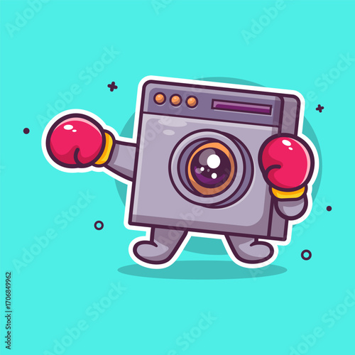 cute washing machine character mascot playing boxing sport isolated cartoon