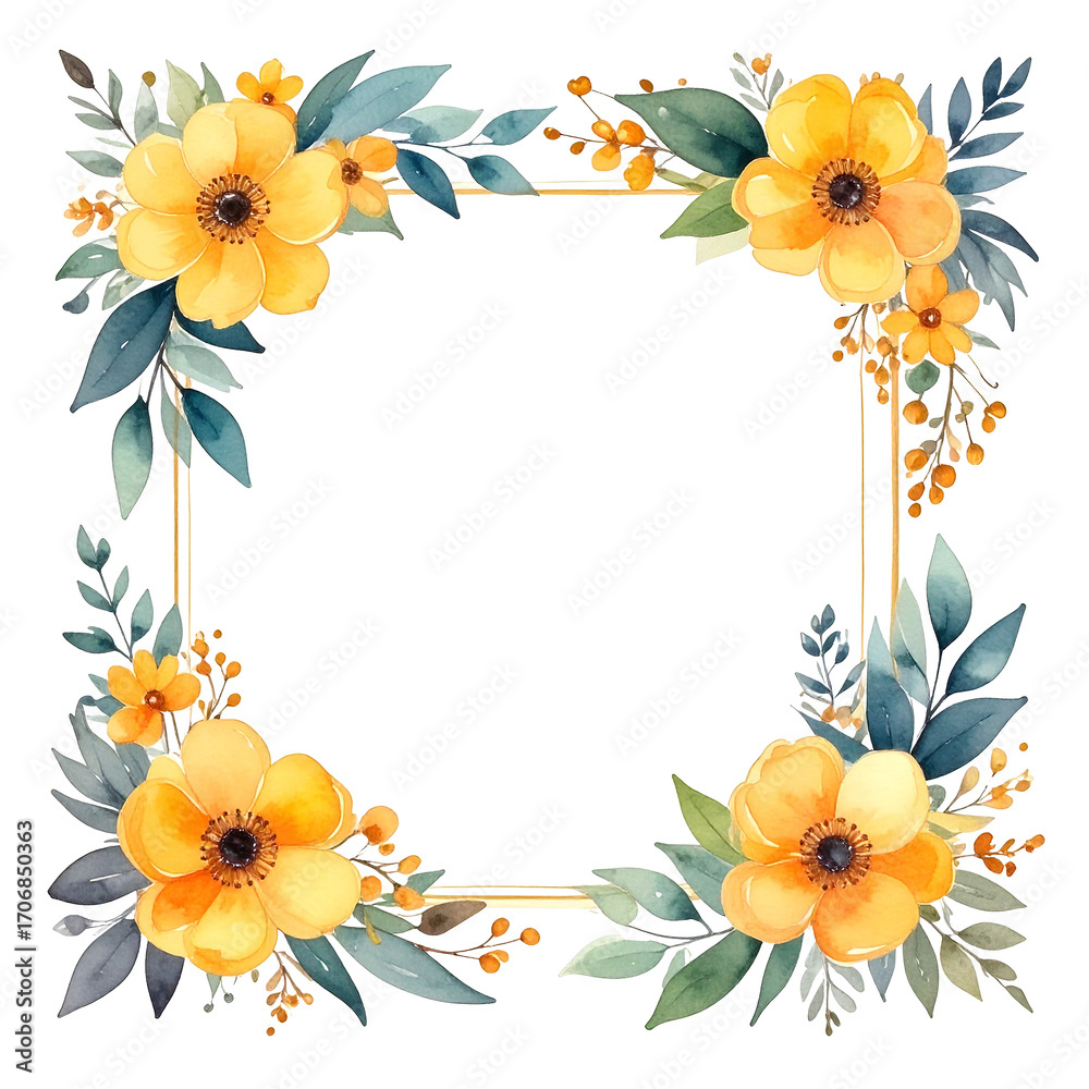 Obraz premium Floral Frame Isolated On White Background: A captivating visual arrangement with yellow blossoms, delicate leaves, and a golden frame. Perfect for various design needs.