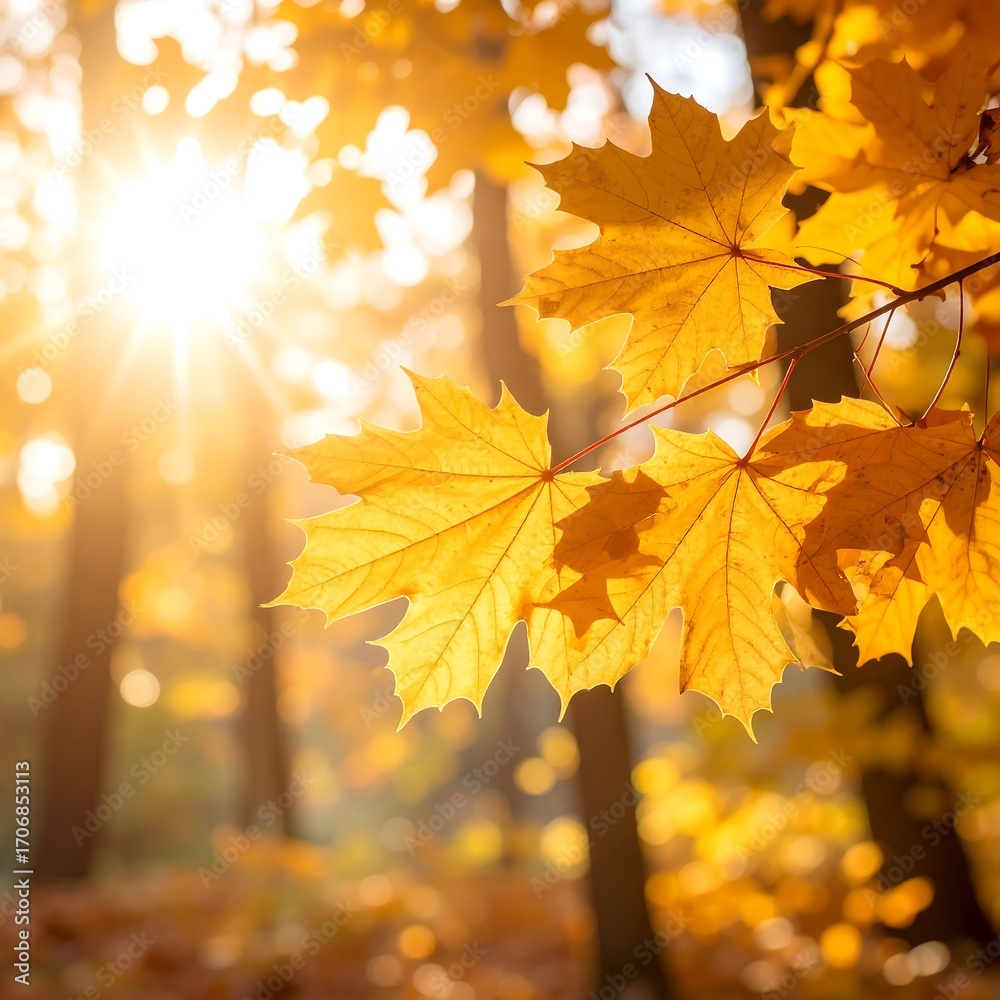 Fototapeta premium Autumnal sunbeams through golden leaves