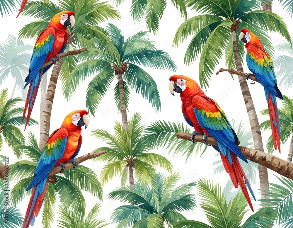 Tropical parrot and palm tree seamless pattern Tropical parrot and palm tree seamless pattern