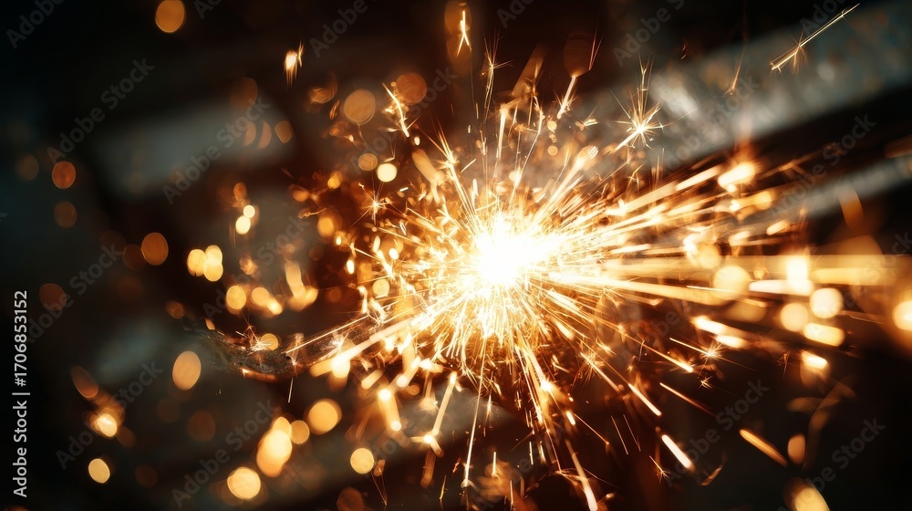 Obraz premium A dynamic burst of golden sparks flying outward from a fiery source,
