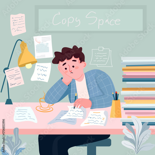 Overwhelmed with paperwork at the office desk 