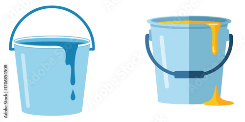 Two light blue buckets filled with blue and yellow paint are isolated on a white background