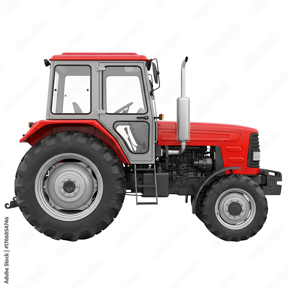 Obraz premium Red agricultural tractor with cabin isolated on white background