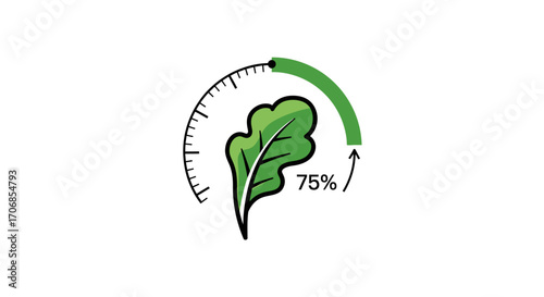 Illustration of a green kale leaf with a gauge measuring 75% in a simple, modern style for National Kale Day, conveying a healthy and vibrant mood.
