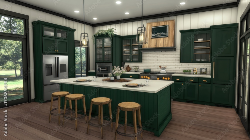 Fototapeta premium Modern kitchen design with deep green cabinets