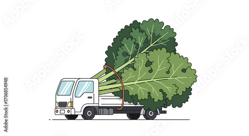 Illustration of a white truck transporting a large bunch of fresh green kale on a plain white background, celebrating National Kale Day.