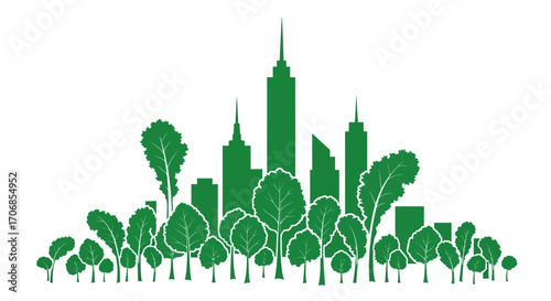 Green silhouette illustration of a city skyline with leafy trees and buildings in a flat, graphic style on a white background, celebrating National Kale Day.