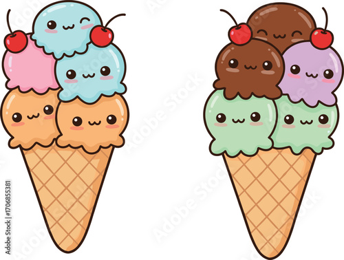 Cute kawaii ice cream cones with smiling faces, colorful scoops, cherries, and waffle cones in adorable cartoon vector style.