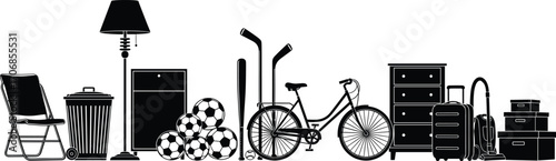 Garage sale vector illustration, black silhouette used items, sports equipment, furniture, suitcase, trash can, home storage objects, yard clutter, vintage goods
