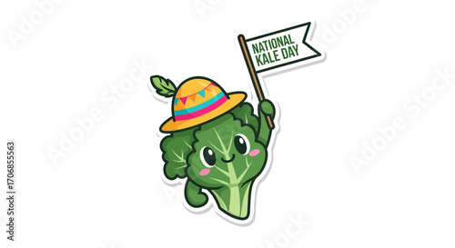 A cheerful green kale mascot wearing a colorful hat holds a sign that reads 'National Kale Day' on a clean white background with a playful and healthy vibe.
