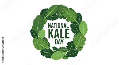 Graphic illustration of a wreath made of green kale leaves surrounding the text 'NATIONAL KALE DAY' in dark green on a white background with a natural and earthy feel.