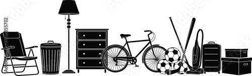 Garage sale items vector illustration, black silhouette furniture and sports equipment, household goods, yard sale objects, used items, storage and clutter concept