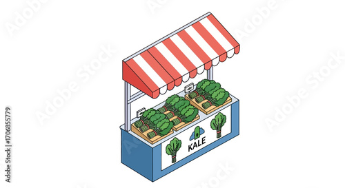 Isometric illustration of a vibrant kale stand on National Kale Day with a red and white striped awning and a blue base against a clean white background.