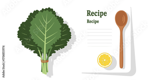 Illustration of a bunch of kale with a recipe card and utensils on a clean white background, celebrating National Kale Day with fresh and healthy elements.
