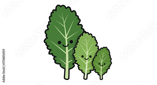 Illustration of three green kale leaves with white veins on a plain white background, celebrating National Kale Day.
