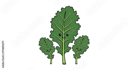 Illustration of three green kale leaves on white background, celebrating National Kale Day with a healthy and vibrant mood.