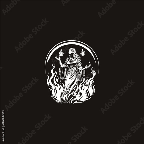 illustration of a divine female figure or goddess with flowing hair and arms raised, surrounded by organic roots, leaves, and emanating flames