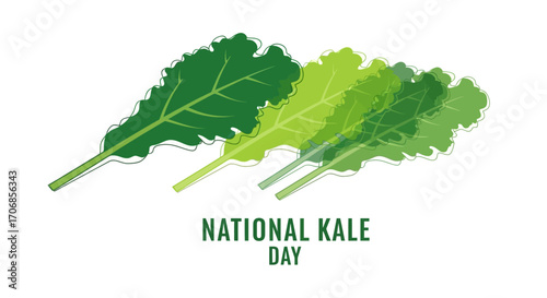 Flat lay of vibrant green kale leaves with the text 'National Kale Day' on a clean white background, conveying a fresh and healthy mood.