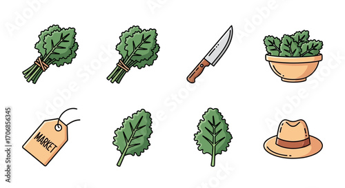 Flat lay illustration of kale bunches, knife, bowl, price tag, and hat on white background, celebrating National Kale Day with vibrant green and orange hues.