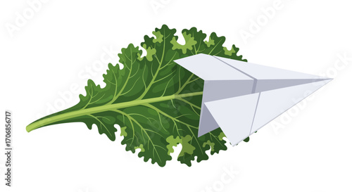 A white paper airplane sitting on a vibrant green kale leaf against a clean white background, highlighting National Kale Day with a playful and healthy vibe.