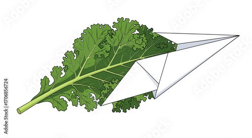 Illustration of a green kale leaf on a paper airplane against a clean white background, symbolizing National Kale Day with a fresh and healthy mood.