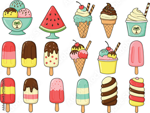 Set of colorful cartoon ice cream and popsicle illustrations in hand-drawn style, perfect for summer food, dessert, and sweet treats.