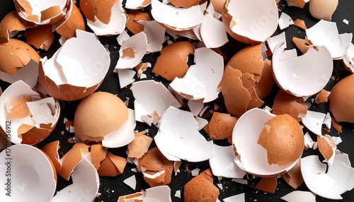 Broken egg shells on black surface