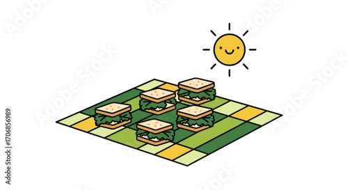 Illustration of six sandwiches on a green and yellow checkerboard with a smiling sun in the background, celebrating National Kale Day with a cheerful mood.