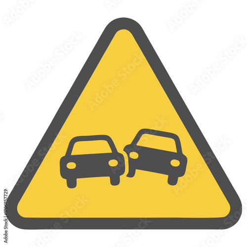 Yellow triangular road sign depicting a car collision as a cautionary signal for potential accidents ahead. The visual is simple yet clear, perfect for illustrating transportation safety