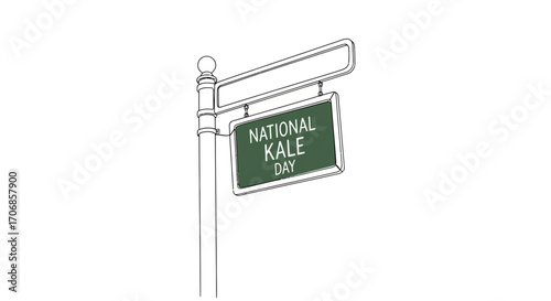 Line drawing of a street sign for National Kale Day on a simple background with a minimalist style and green and white color scheme.