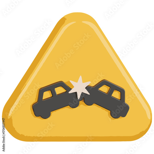 This cartoon vector illustration shows a bright yellow car crash warning sign with two cars colliding. The graphic could be used for safety education or hazard awareness materials.