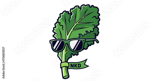 Illustration of a kale leaf wearing sunglasses with a green banner labeled NKD on a white background, celebrating National Kale Day.
