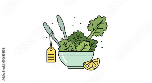 Illustration of a green bowl filled with kale, accompanied by a lemon wedge and kitchen utensils, celebrating National Kale Day with a vibrant and healthy theme.